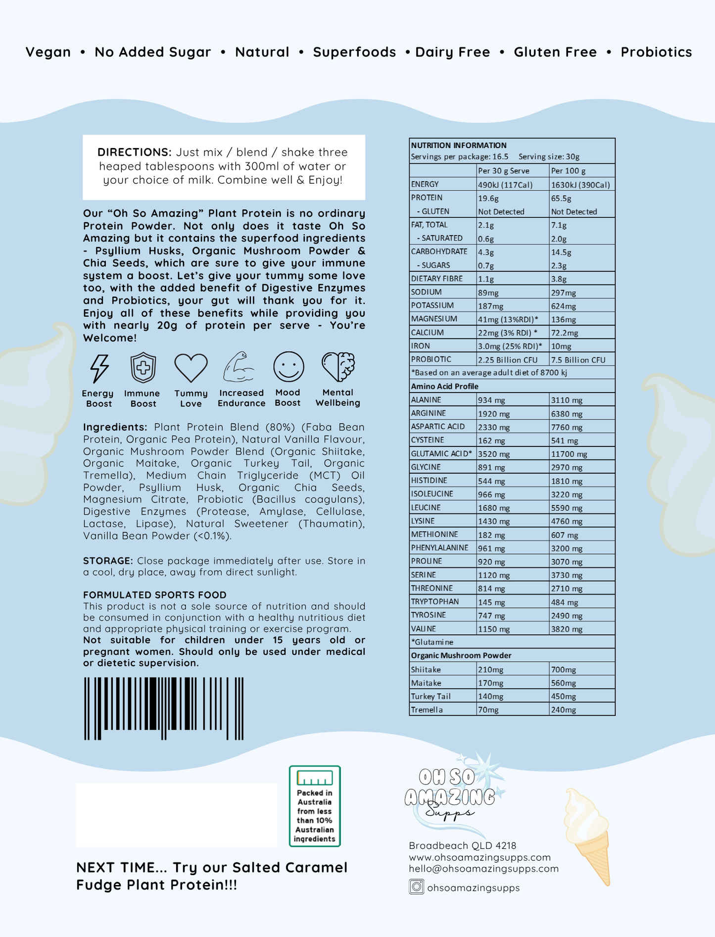 Back of a protein package with nutritional information and ingredient list on a light blue background.