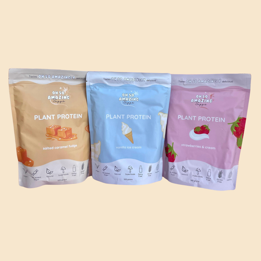Three packages of Oh So Amazing Plant Protein on a light yellow background